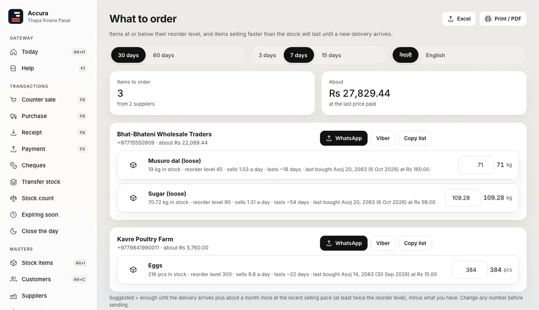 Accura What to order: three items from two suppliers — musuro dal and sugar from Bhat-Bhateni Wholesale Traders, eggs from Kavre Poultry Farm — with suggested quantities and WhatsApp and Viber buttons.