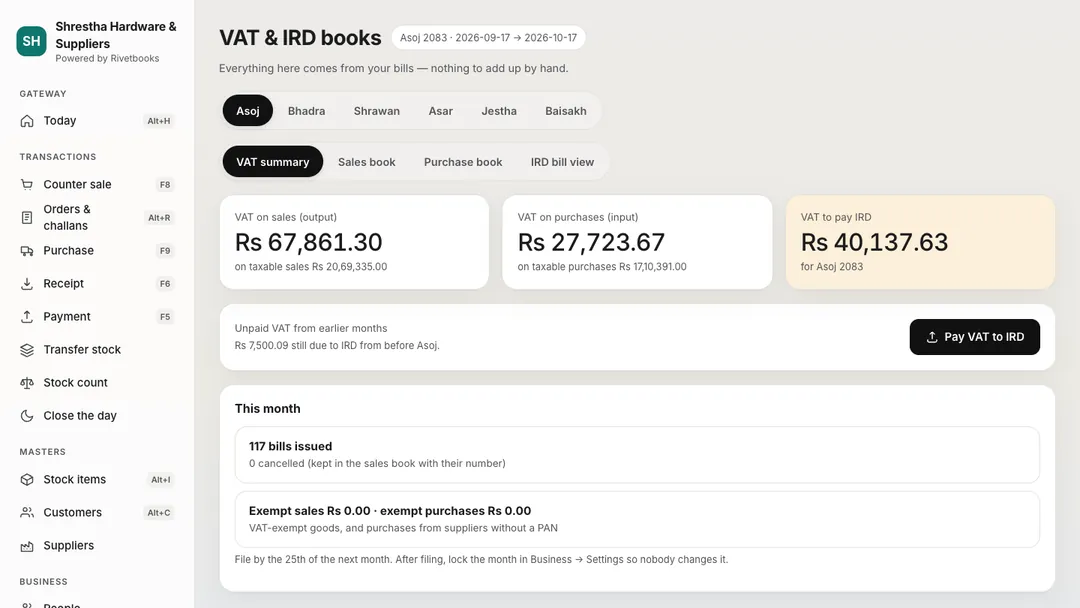 Accura VAT & IRD books for Asoj 2083: the VAT summary with VAT on sales, VAT on purchases, unpaid VAT from earlier months, the VAT to pay and a Pay VAT to IRD button, with tabs for the sales book, purchase book and IRD bill view.