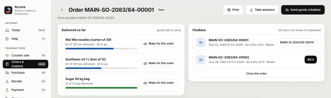 Accura sales order MAIN-SO-2083/84-00001 for Bhattarai Kirana Store: Wai Wai 80 of 120 cartons delivered, sunflower oil 50 of 100 boxes, sugar 10 of 10 bags; two delivery challans, one billed and one ready to bill.
